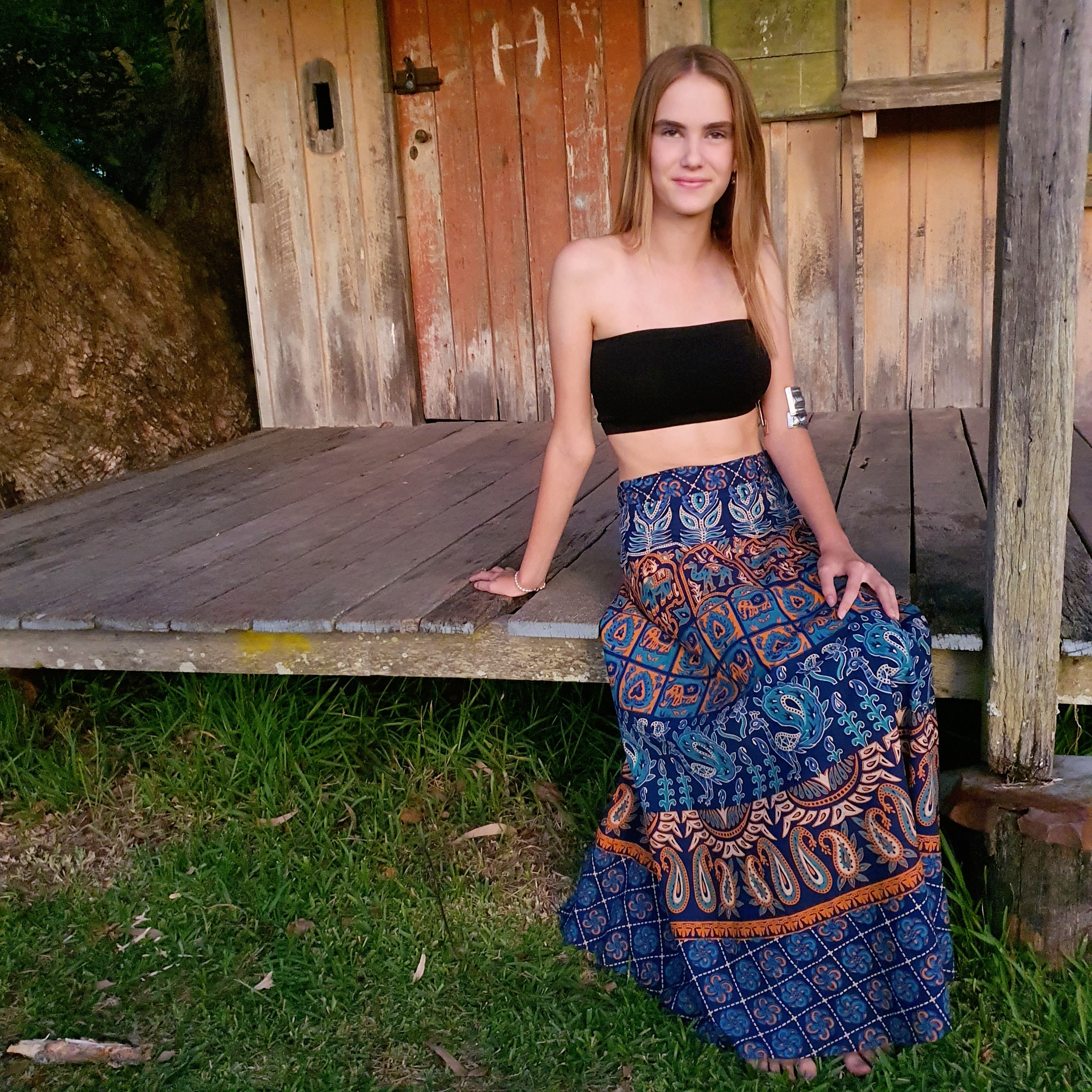 Boho Maxi Wrap Skirt Blue -One Size - Main Image